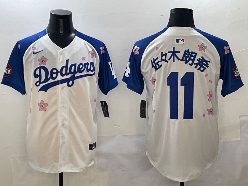Men Los Angeles Dodgers 11 R.Sasaki White Blue Sakura Edition 2025 Nike MLB Jersey style 1